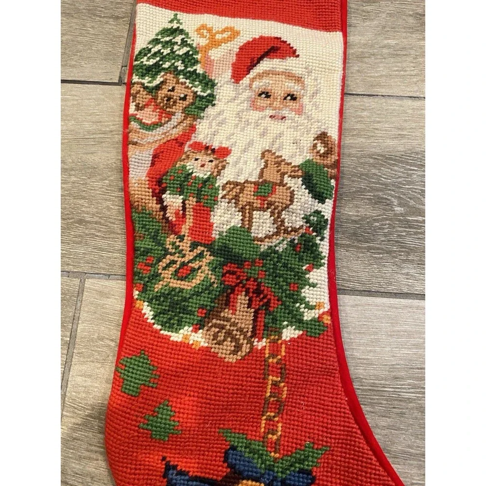 2x Vintage 1990s Needlepoint Hanging Christmas Stockings Santa And Cat